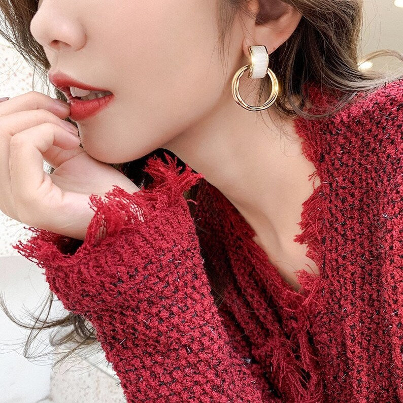 Moon Stone Hoop Gold Studs