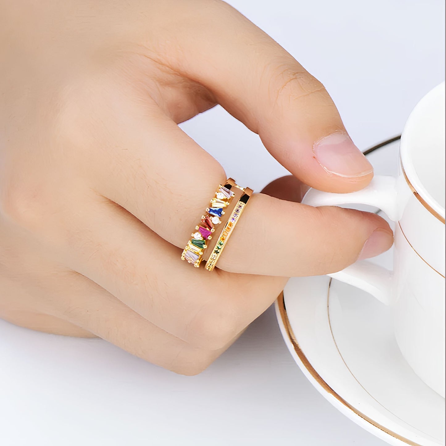 Rainbow Crystal Baguette Rings