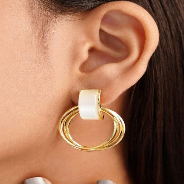 Moon Stone Hoop Gold Studs