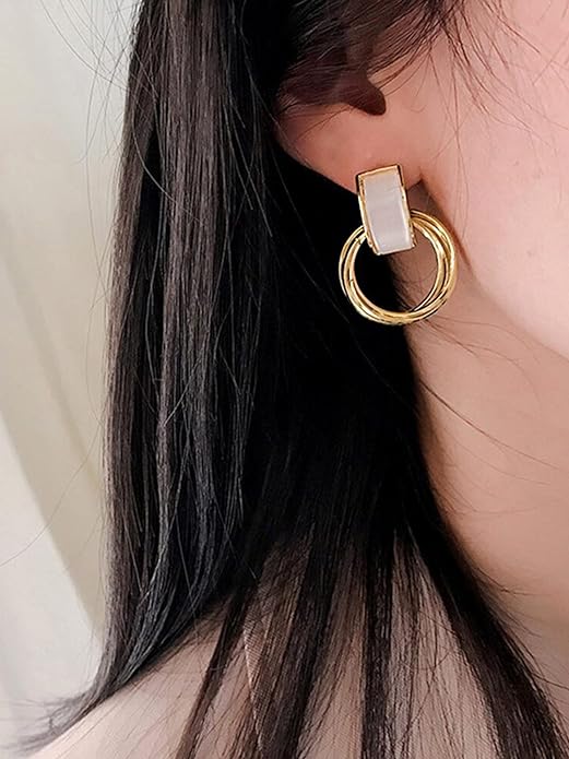 Moon Stone Hoop Gold Studs