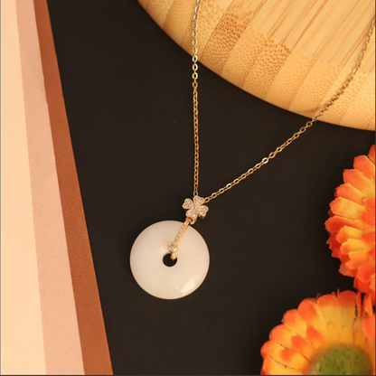 Clover Detail Jade Disc Necklace