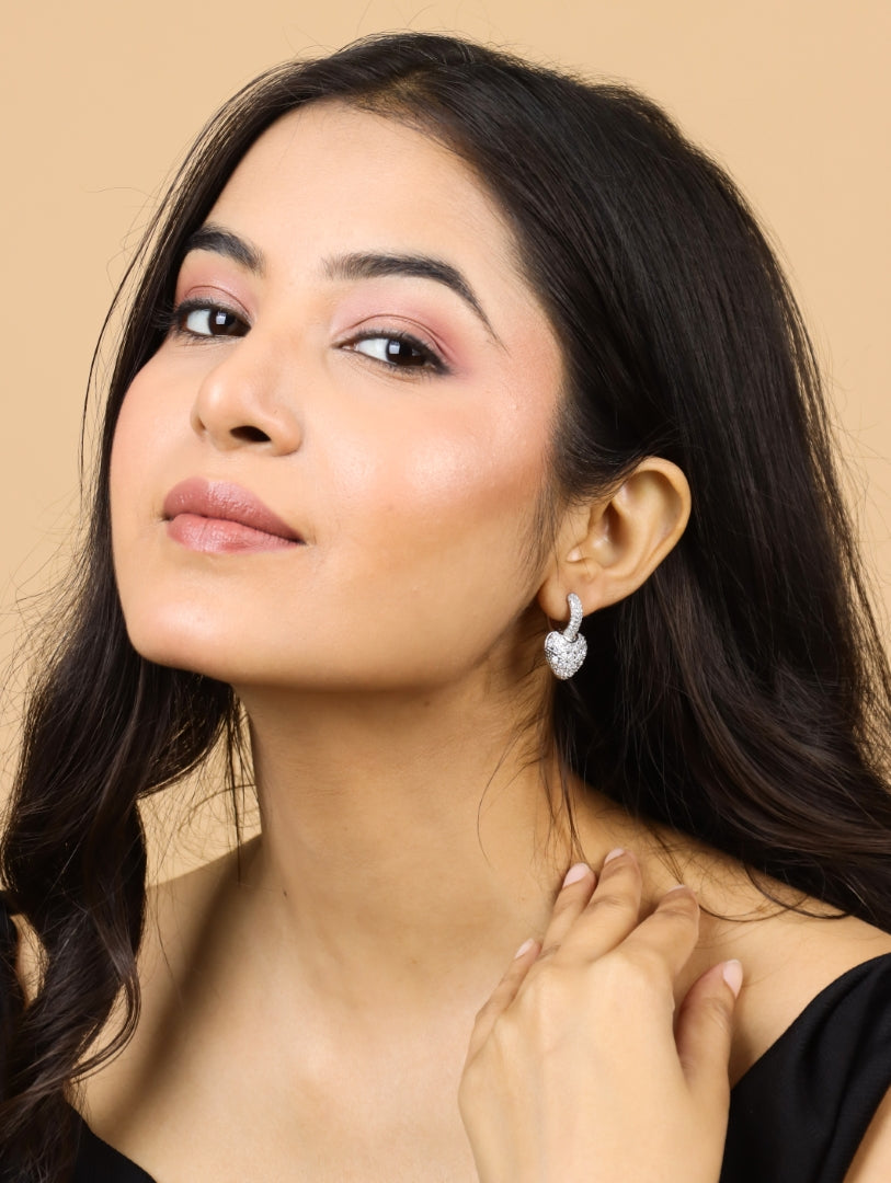 Luxe Crystal Silver Heart Hoops