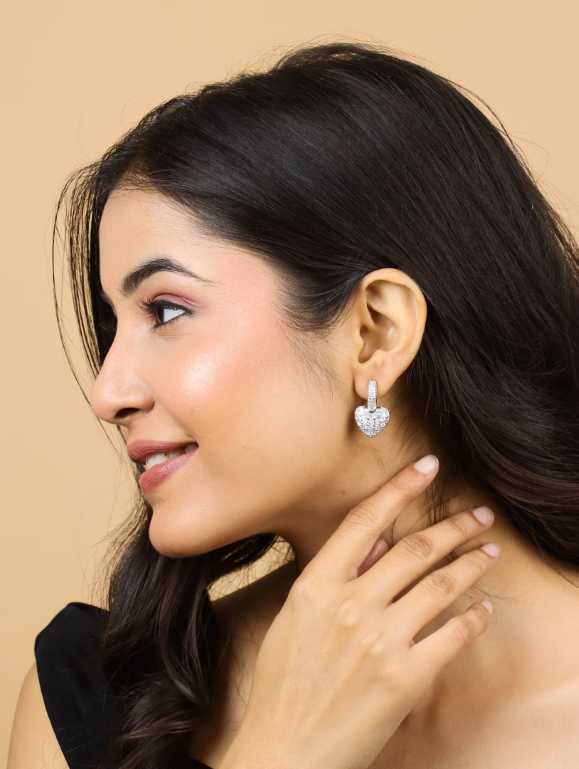 Luxe Crystal Silver Heart Hoops