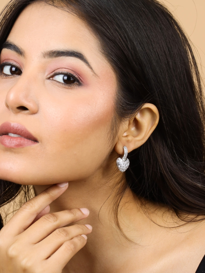 Luxe Crystal Silver Heart Hoops