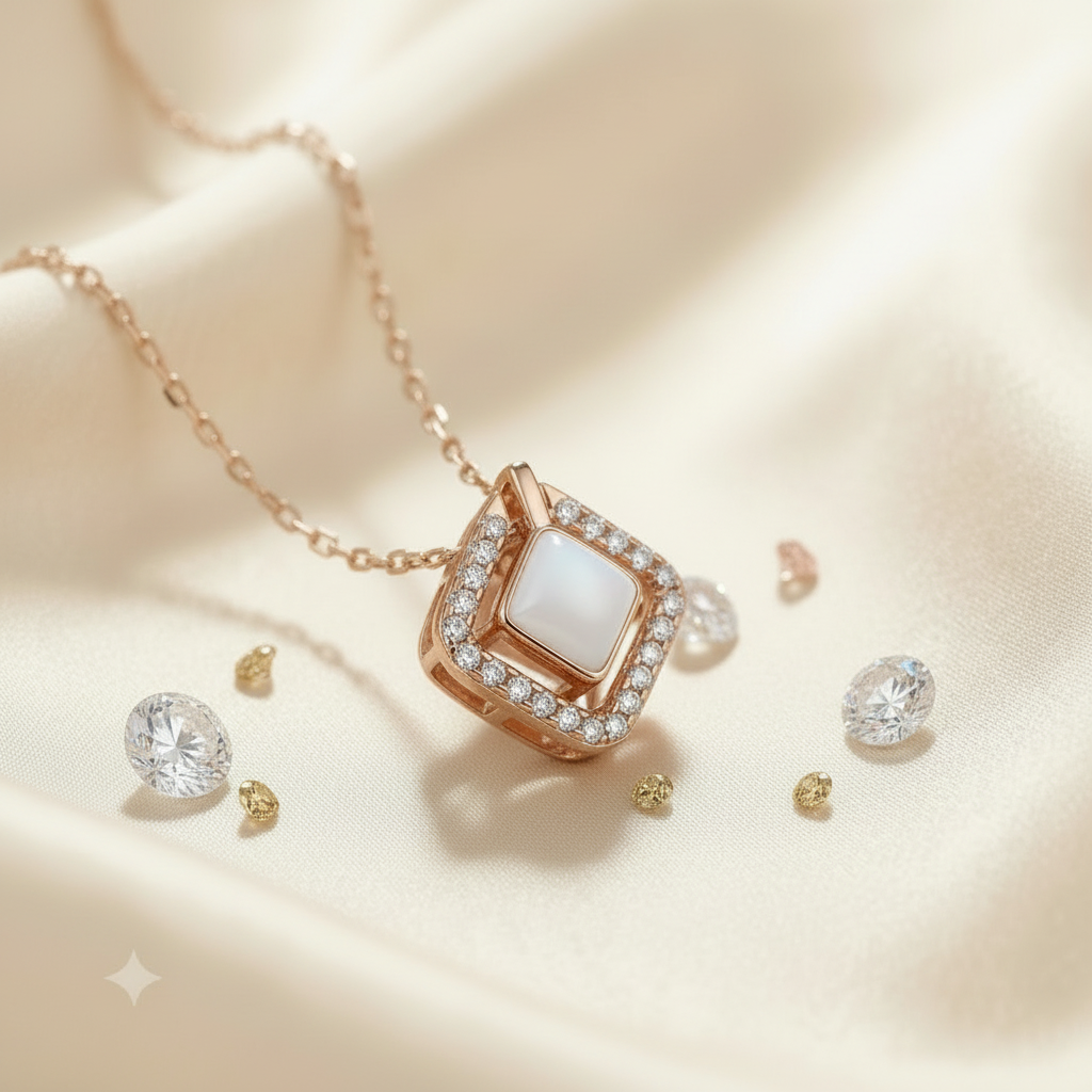 Rose gold necklace with a white gemstone on a beige background