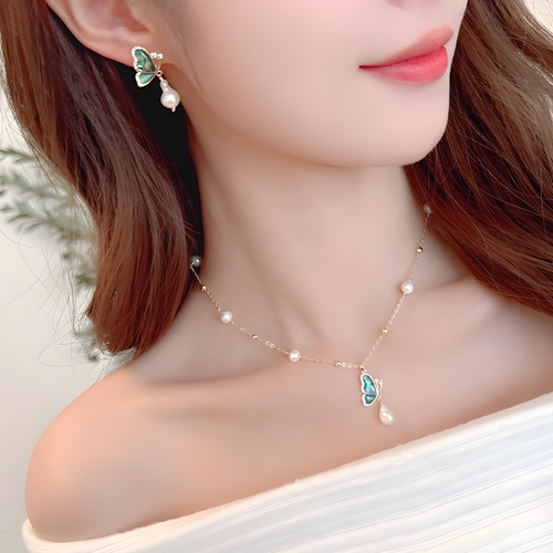Butterfly Pearl Drop Jewelry Set
