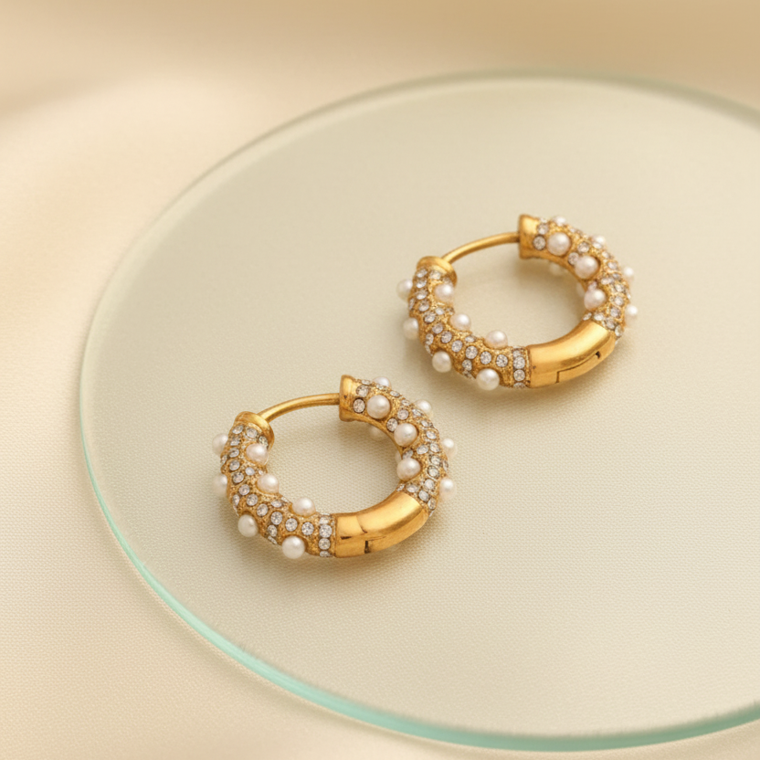 Gold hoop earrings with pearl accents on a beige surface